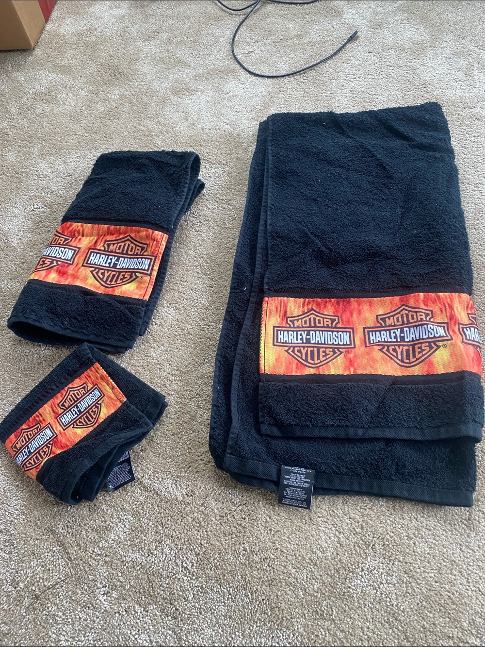 Harley-Davidson Black Towels with Orange Flame Bar & Shield Trim - used